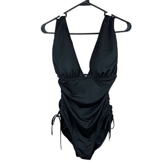 Michael Michael Kors Swimsuit One Piece Black Plunging Neckline Ruched Size 12 - Picture 2 of 9
